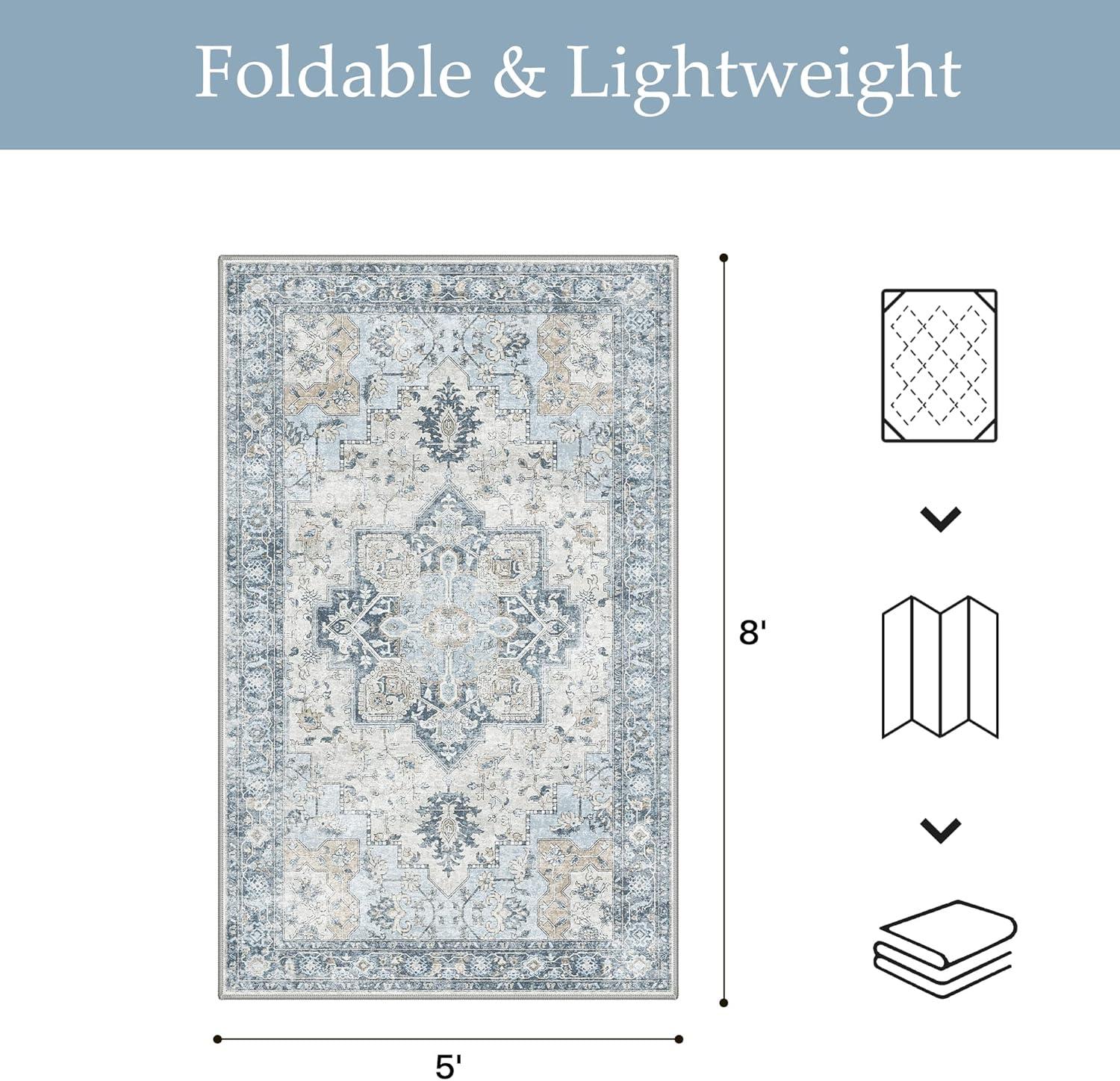 imageGENIMO Outdoor amp Indoor Area Rug 5x8 Waterproof NonShedding Easy Cleaning Boho Mat for Patio Living Room Balcony Dining Room RV Deck Bedroom Camping Outside CarpetBlueBlue