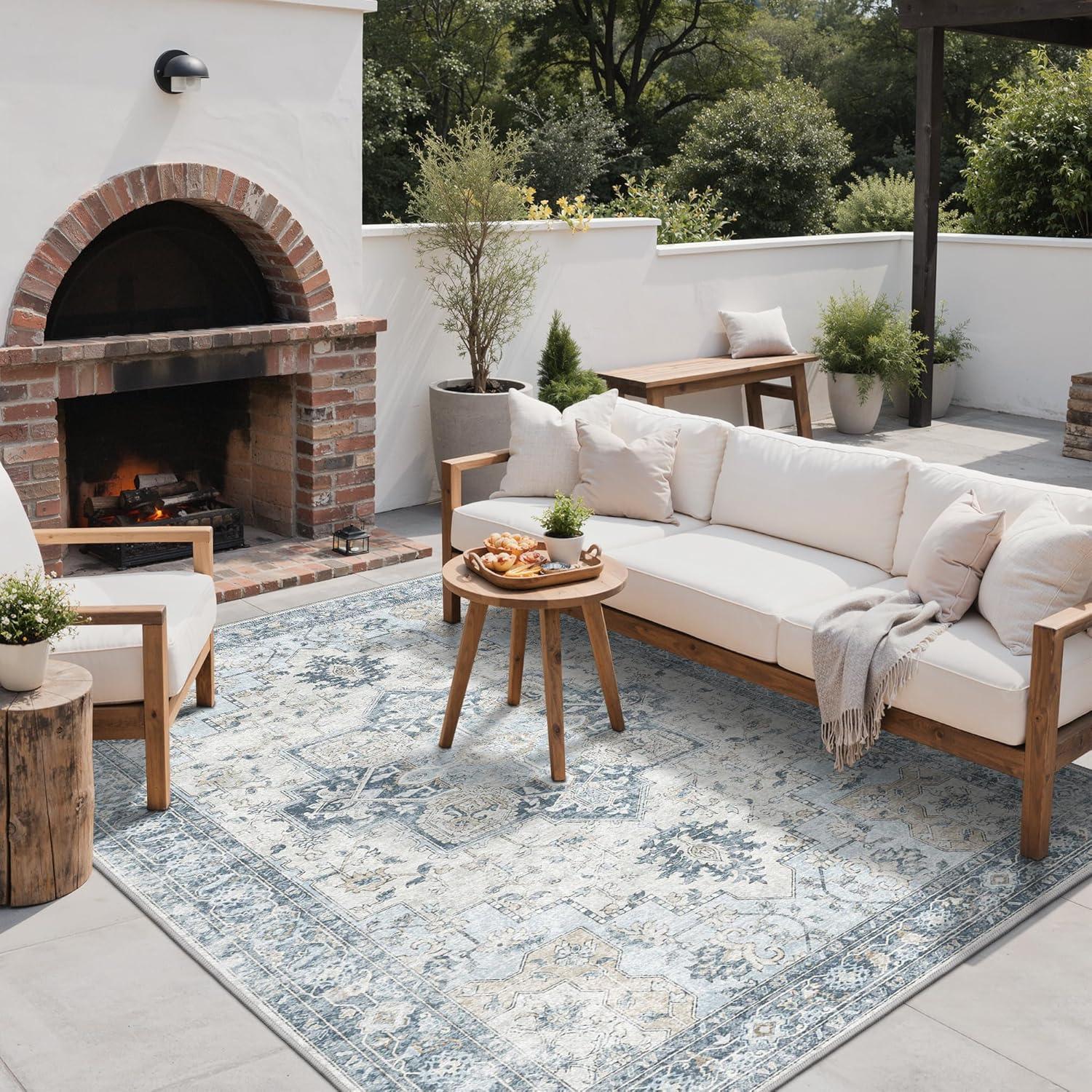 imageGENIMO Outdoor amp Indoor Area Rug 5x8 Waterproof NonShedding Easy Cleaning Boho Mat for Patio Living Room Balcony Dining Room RV Deck Bedroom Camping Outside CarpetBlueBlue