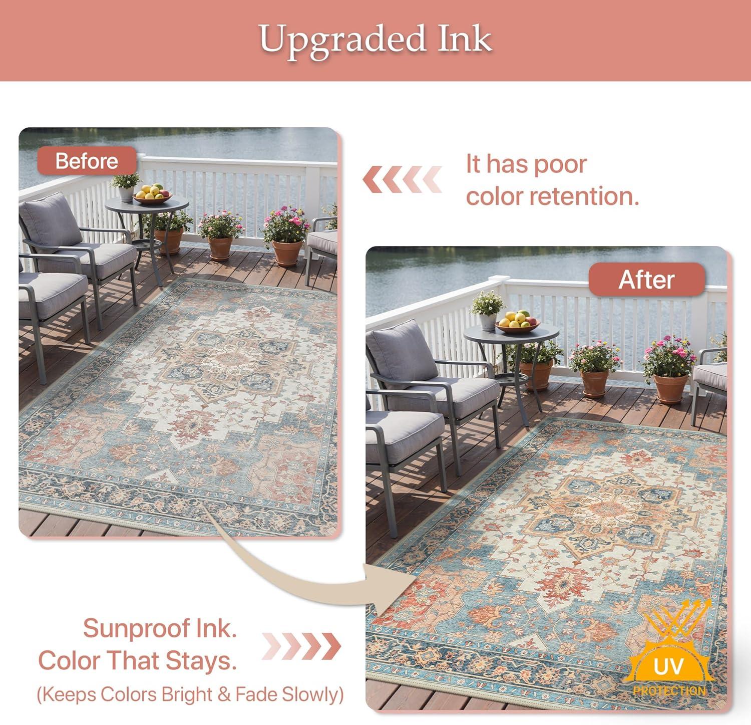 imageGENIMO Outdoor amp Indoor Area Rug 5x8 Waterproof NonShedding Easy Cleaning Boho Mat for Patio Living Room Balcony Dining Room RV Deck Bedroom Camping Outside CarpetBlueBlue Salmon