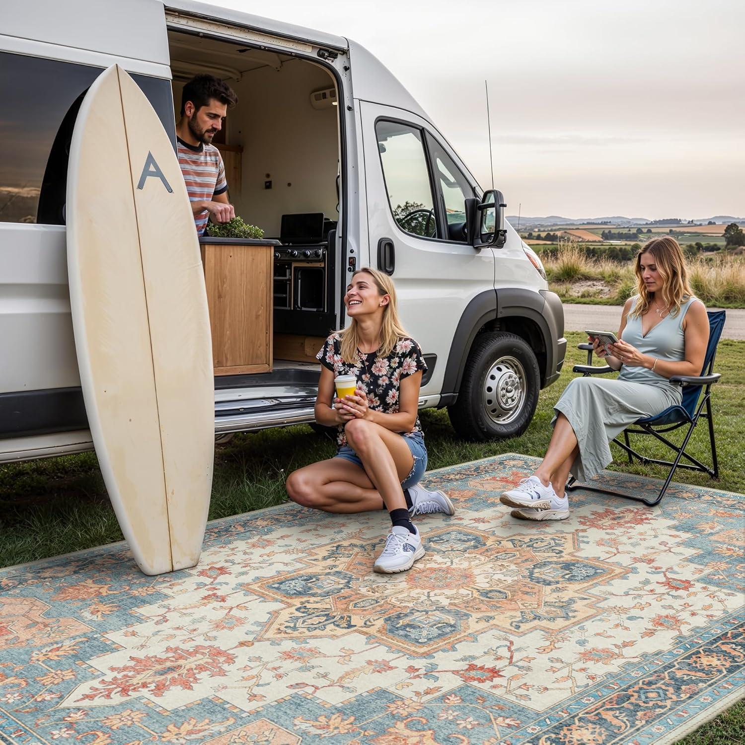 imageGENIMO Outdoor amp Indoor Area Rug 5x8 Waterproof NonShedding Easy Cleaning Boho Mat for Patio Living Room Balcony Dining Room RV Deck Bedroom Camping Outside CarpetBlueBlue Salmon