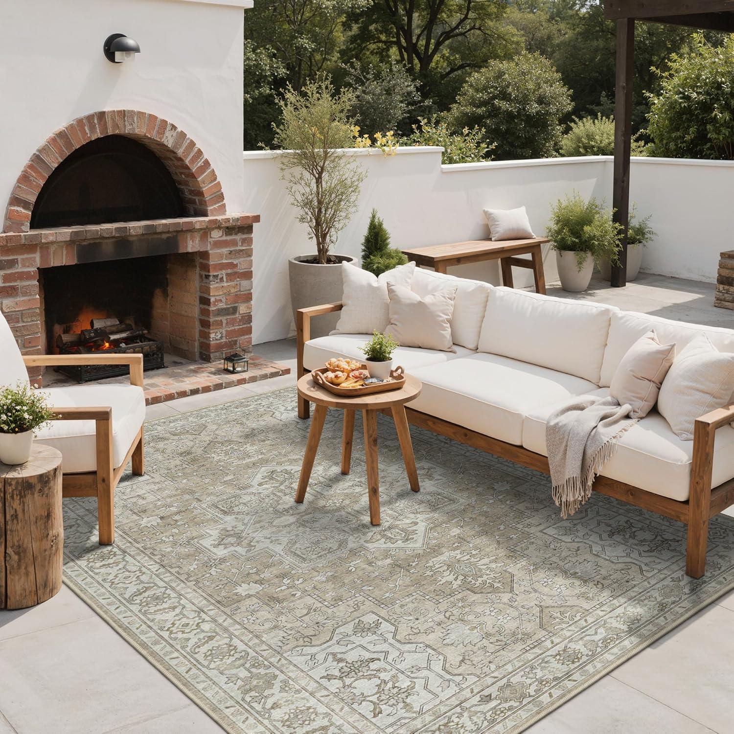 imageGENIMO Outdoor amp Indoor Area Rug 5x8 Waterproof NonShedding Easy Cleaning Boho Mat for Patio Living Room Balcony Dining Room RV Deck Bedroom Camping Outside CarpetBlueCoffee Beige