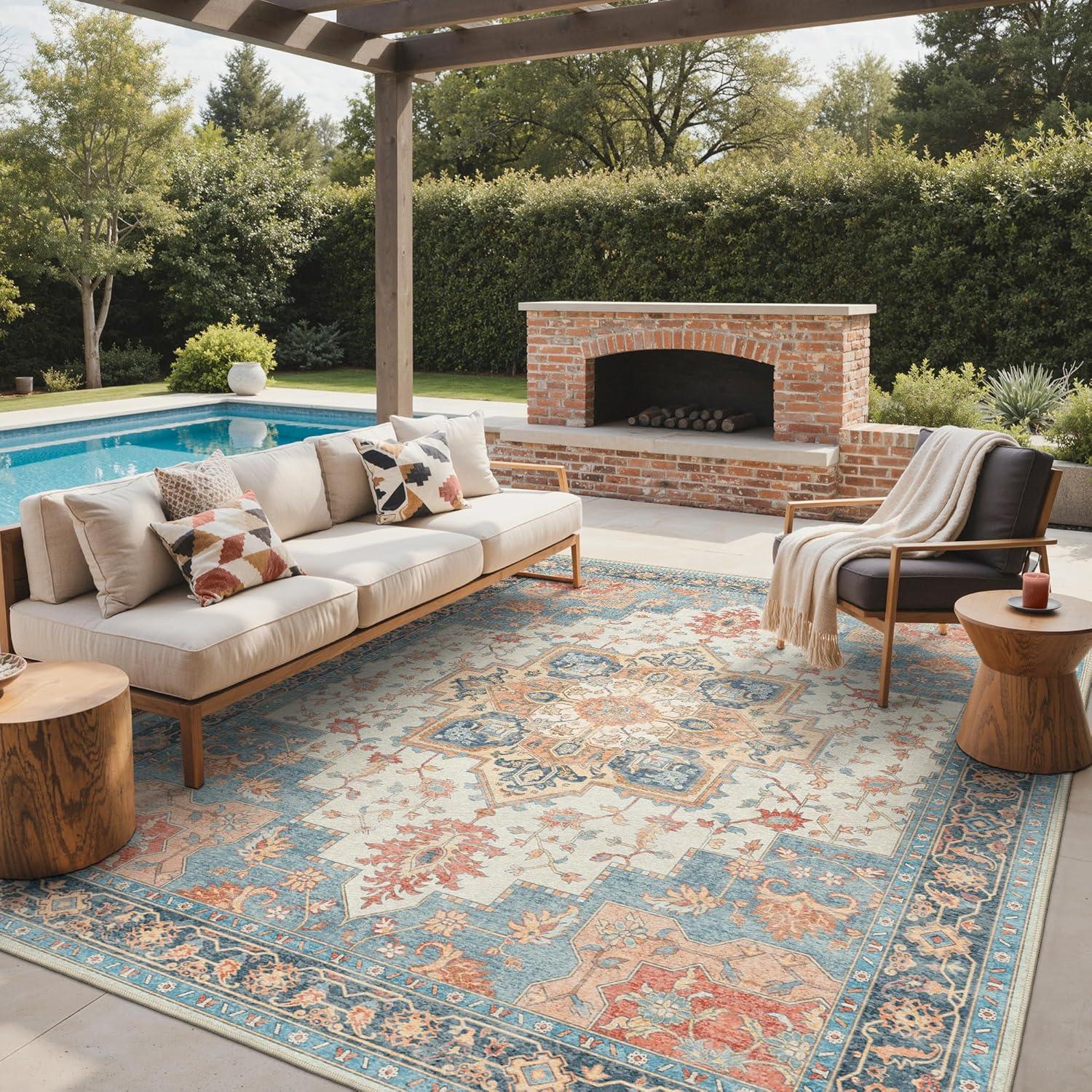 imageGENIMO Outdoor amp Indoor Area Rug 5x8 Waterproof NonShedding Easy Cleaning Boho Mat for Patio Living Room Balcony Dining Room RV Deck Bedroom Camping Outside CarpetBlueBlue Salmon