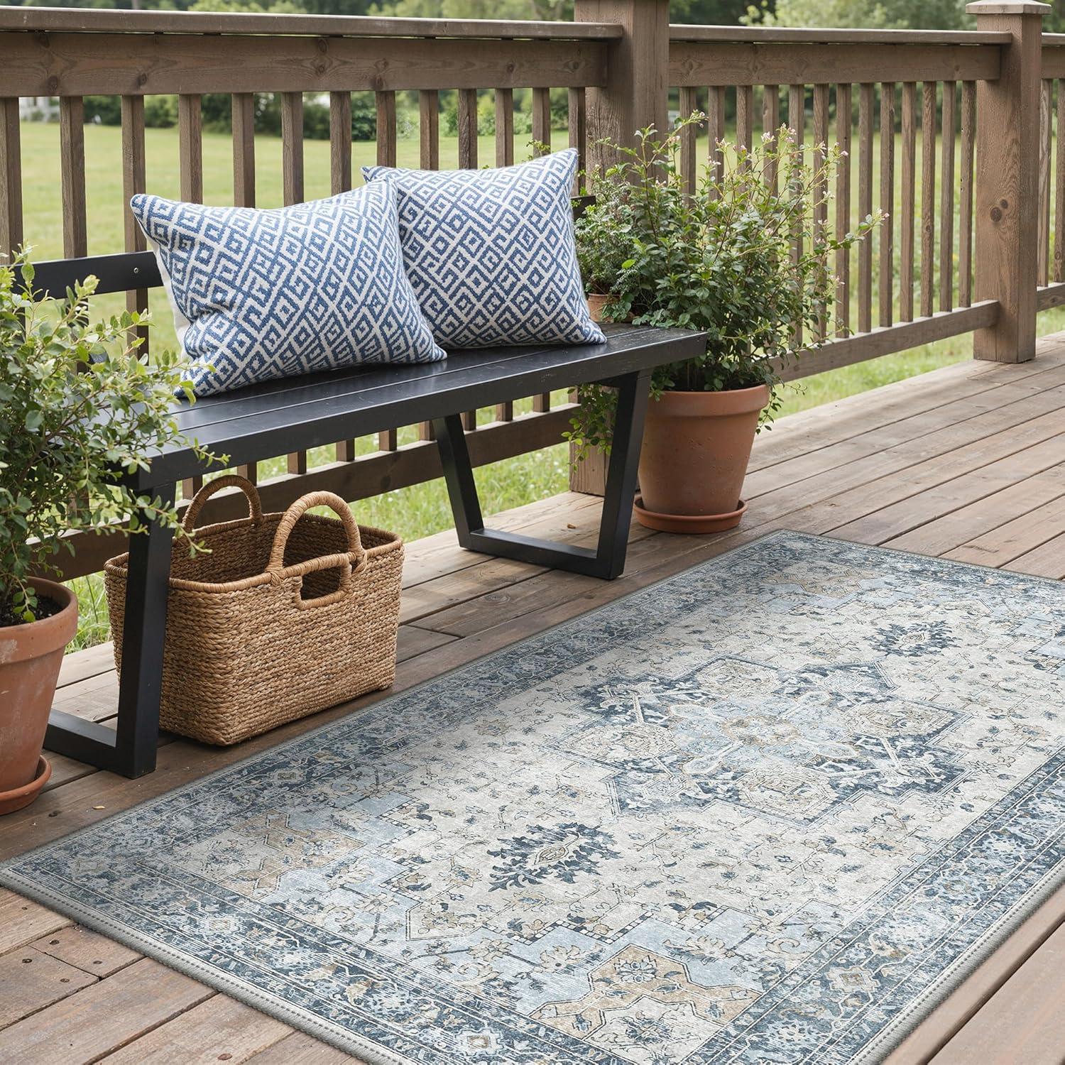 imageGENIMO Outdoor amp Indoor Area Rug 5x8 Waterproof NonShedding Easy Cleaning Boho Mat for Patio Living Room Balcony Dining Room RV Deck Bedroom Camping Outside CarpetBlueBlue