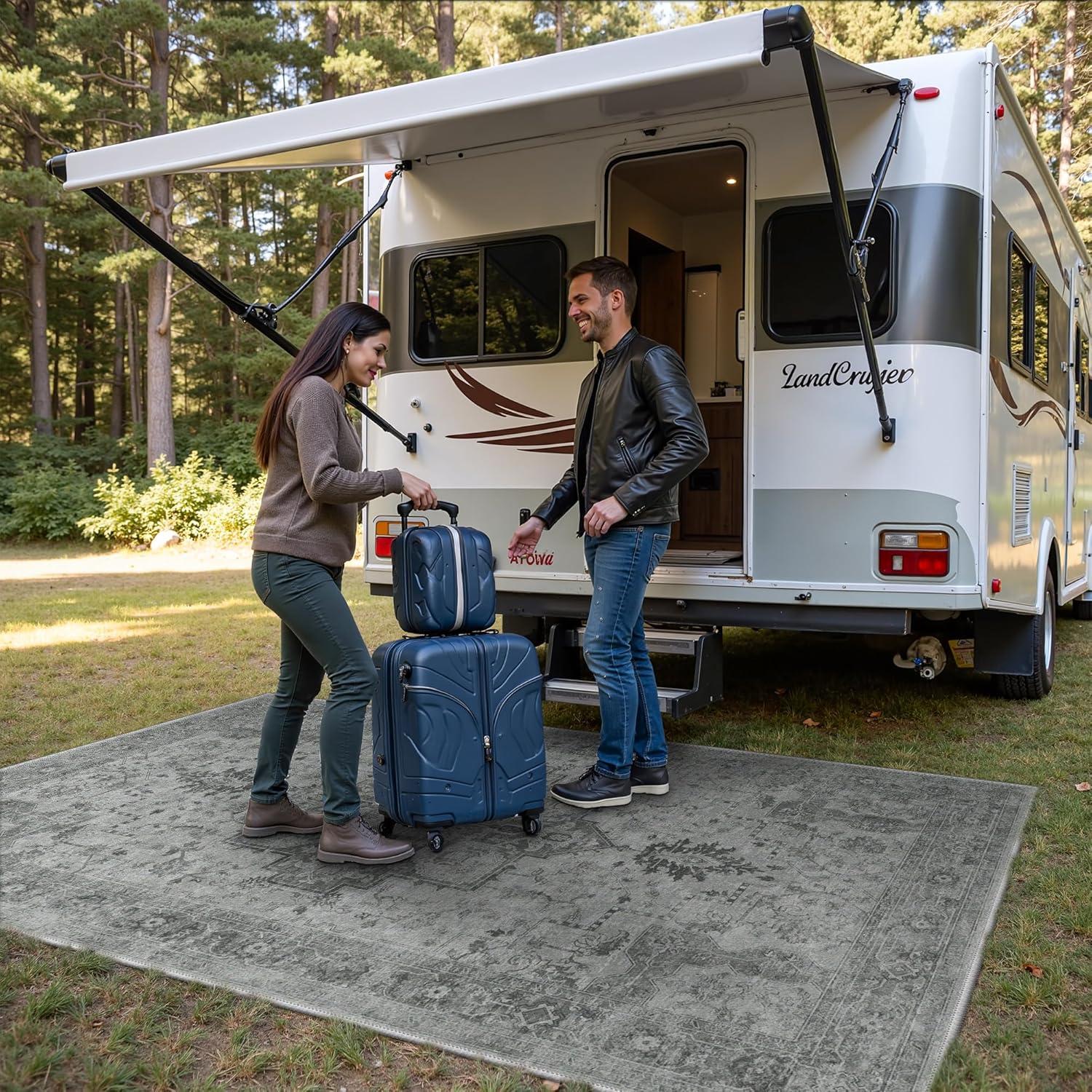 imageGENIMO Outdoor amp Indoor Area Rug 5x8 Waterproof NonShedding Easy Cleaning Boho Mat for Patio Living Room Balcony Dining Room RV Deck Bedroom Camping Outside CarpetBlueDark Grey
