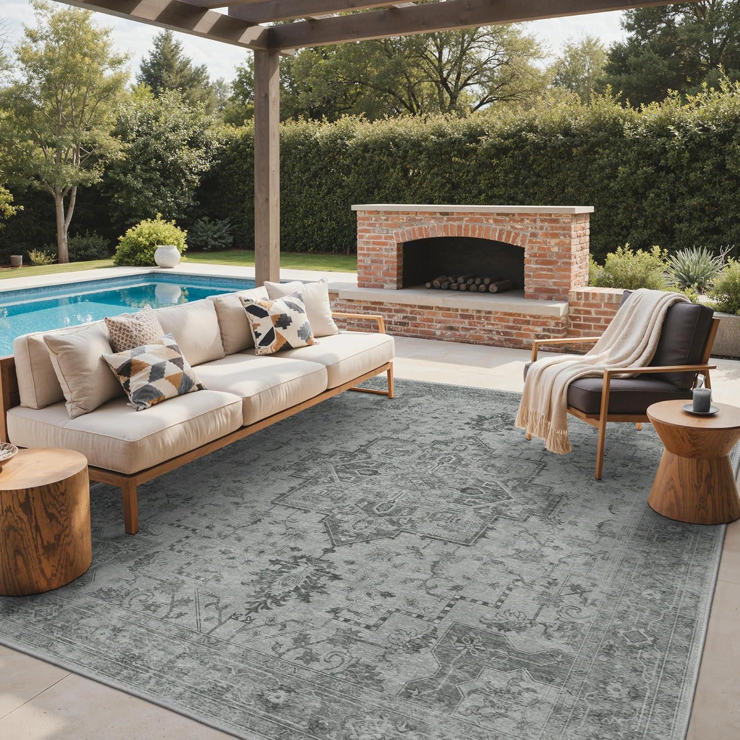 imageGENIMO Outdoor amp Indoor Area Rug 5x8 Waterproof NonShedding Easy Cleaning Boho Mat for Patio Living Room Balcony Dining Room RV Deck Bedroom Camping Outside CarpetBlueDark Grey