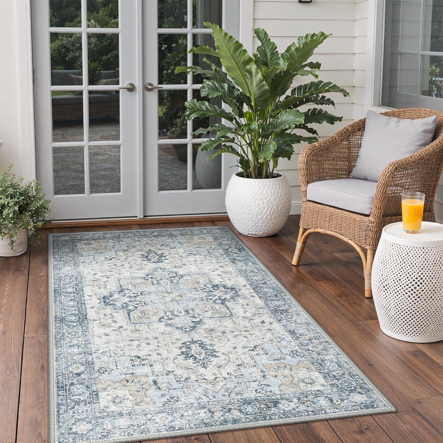 imageGENIMO Outdoor amp Indoor Area Rug 5x8 Waterproof NonShedding Easy Cleaning Boho Mat for Patio Living Room Balcony Dining Room RV Deck Bedroom Camping Outside CarpetBlueBlue