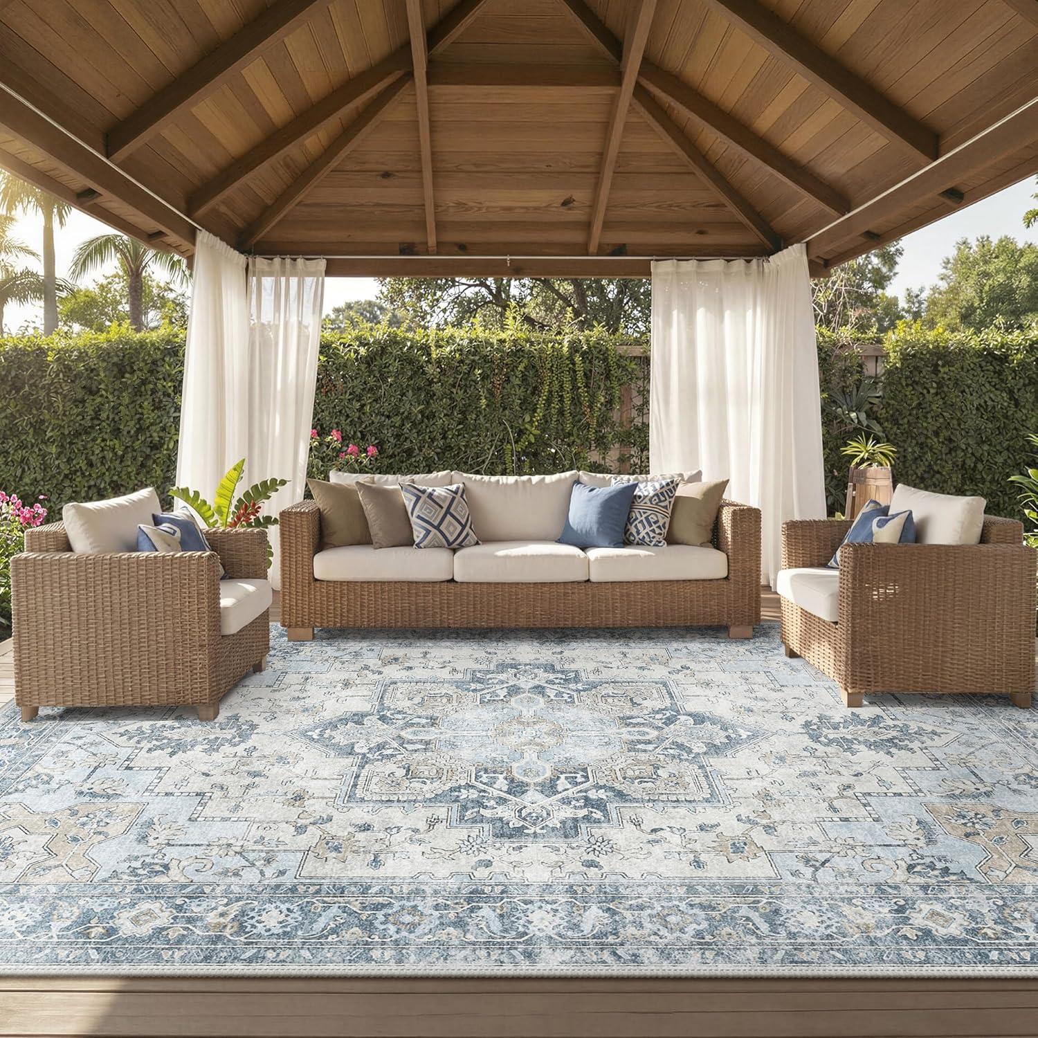 imageGENIMO Outdoor amp Indoor Area Rug 5x8 Waterproof NonShedding Easy Cleaning Boho Mat for Patio Living Room Balcony Dining Room RV Deck Bedroom Camping Outside CarpetBlueBlue