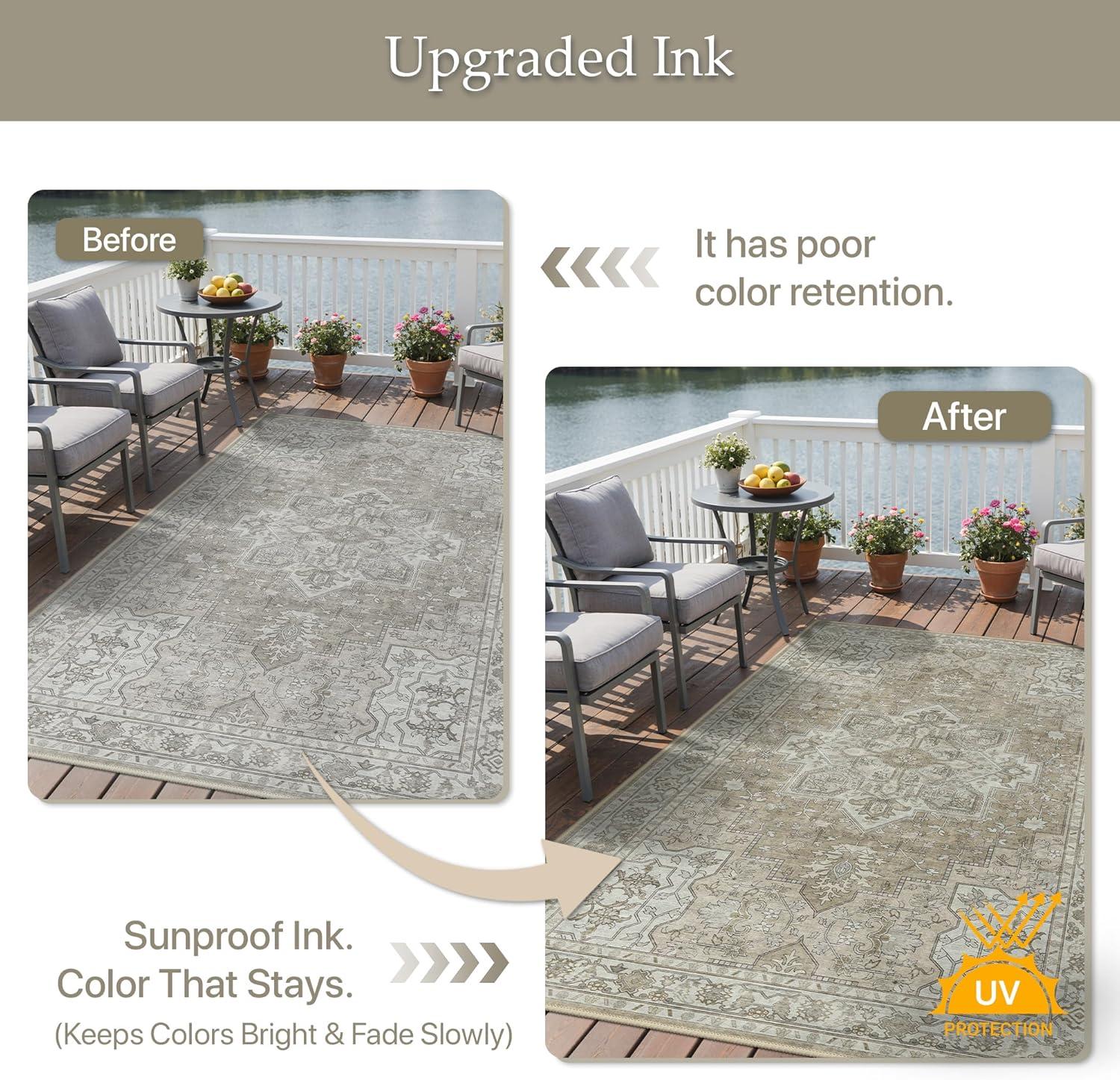 imageGENIMO Outdoor amp Indoor Area Rug 5x8 Waterproof NonShedding Easy Cleaning Boho Mat for Patio Living Room Balcony Dining Room RV Deck Bedroom Camping Outside CarpetBlueCoffee Beige