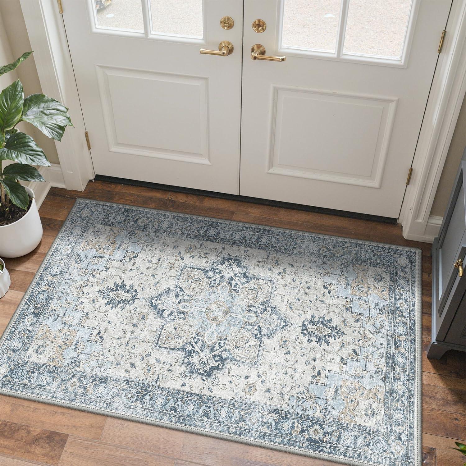 imageGENIMO Outdoor amp Indoor Area Rug 5x8 Waterproof NonShedding Easy Cleaning Boho Mat for Patio Living Room Balcony Dining Room RV Deck Bedroom Camping Outside CarpetBlueBlue