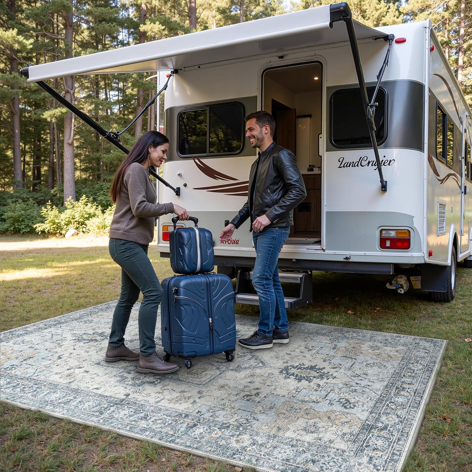 imageGENIMO Outdoor amp Indoor Area Rug 5x8 Waterproof NonShedding Easy Cleaning Boho Mat for Patio Living Room Balcony Dining Room RV Deck Bedroom Camping Outside CarpetBlueBlue