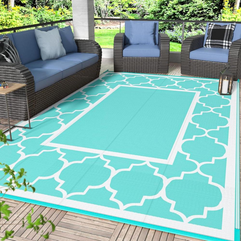 imageGENIMO 5 x 8 Outdoor Rug for Patio Waterproof Indoor Outdoor Plastic Straw Rugs Carpet Reversible Outside Area Mat for Camping Balcony Porch Deck Picnic Beach Navy Blue amp Jade GreenAqua Bluewhite