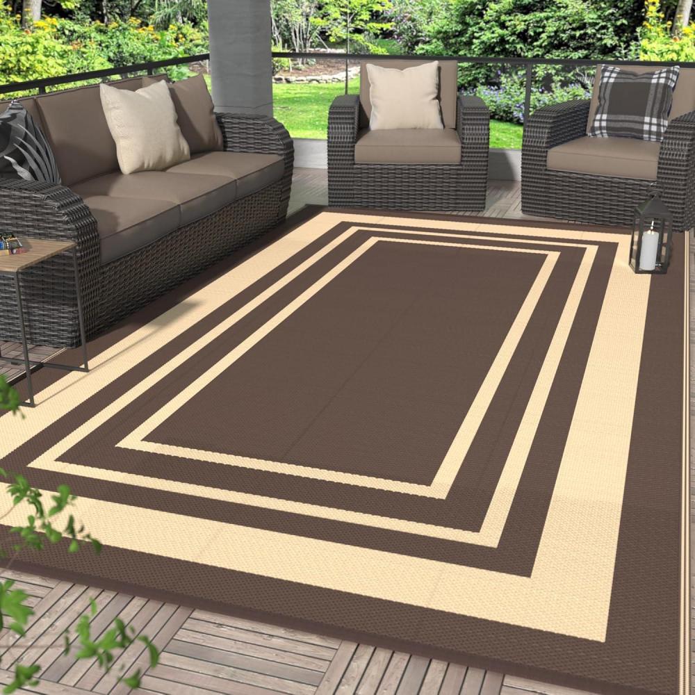imageGENIMO 5 x 8 Outdoor Rug for Patio Waterproof Indoor Outdoor Plastic Straw Rugs Carpet Reversible Outside Area Mat for Camping Balcony Porch Deck Picnic Beach Navy Blue amp Jade GreenMcoffee Beige