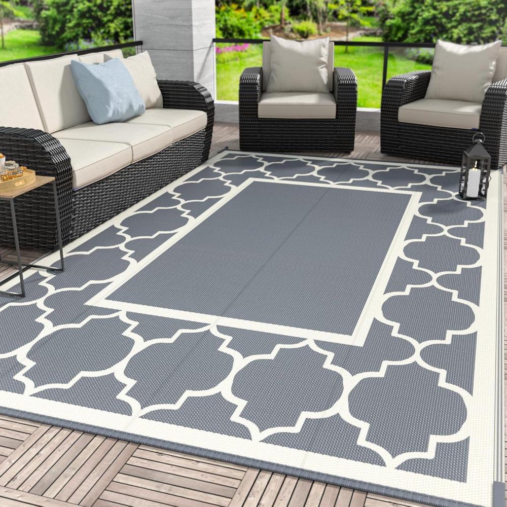 imageGENIMO 5 x 8 Outdoor Rug for Patio Waterproof Indoor Outdoor Plastic Straw Rugs Carpet Reversible Outside Area Mat for Camping Balcony Porch Deck Picnic Beach Navy Blue amp Jade GreenGreybeige White