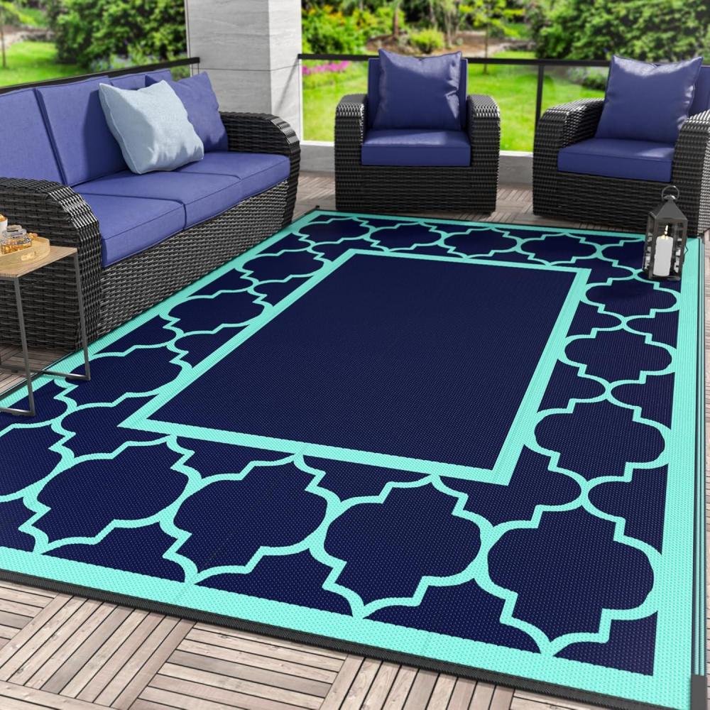 imageGENIMO 5 x 8 Outdoor Rug for Patio Waterproof Indoor Outdoor Plastic Straw Rugs Carpet Reversible Outside Area Mat for Camping Balcony Porch Deck Picnic Beach Navy Blue amp Jade GreenNavy Bluejade Green