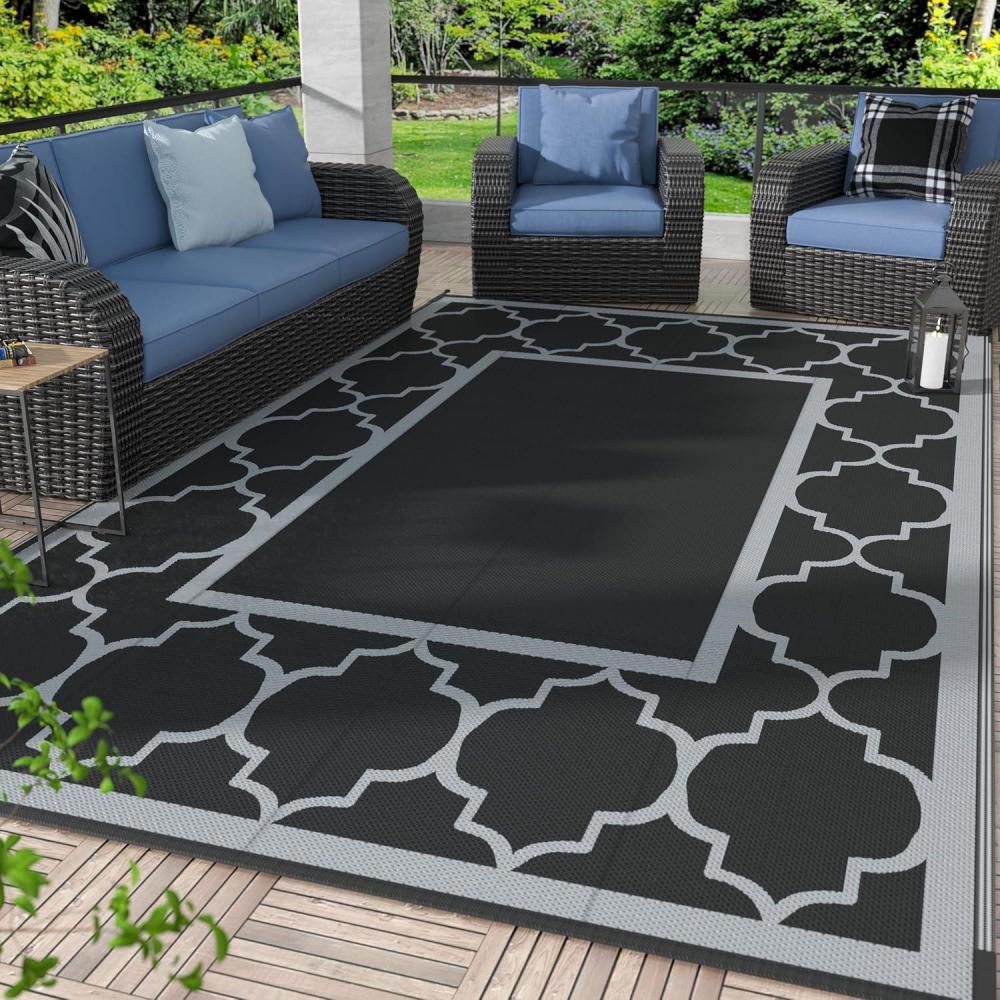 imageGENIMO 5 x 8 Outdoor Rug for Patio Waterproof Indoor Outdoor Plastic Straw Rugs Carpet Reversible Outside Area Mat for Camping Balcony Porch Deck Picnic Beach Navy Blue amp Jade GreenLanternBlackgray
