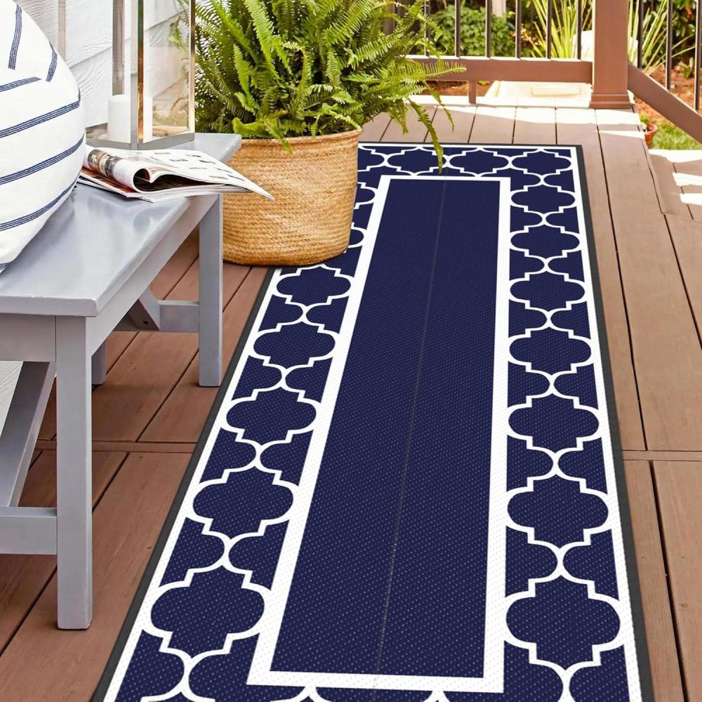 imageGENIMO 5 x 8 Outdoor Rug for Patio Waterproof Indoor Outdoor Plastic Straw Rugs Carpet Reversible Outside Area Mat for Camping Balcony Porch Deck Picnic Beach Navy Blue amp Jade GreenNavy Blue White