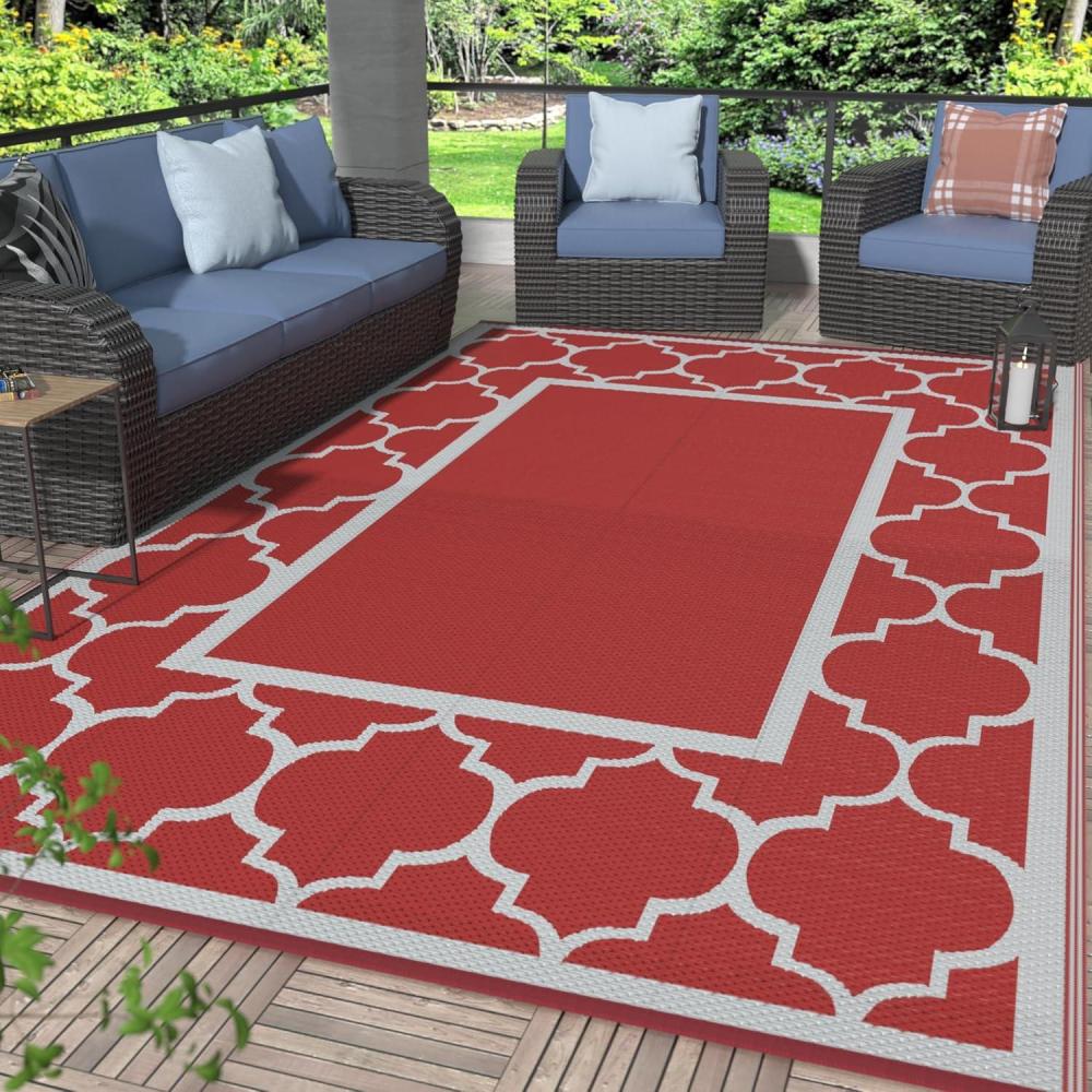 imageGENIMO 5 x 8 Outdoor Rug for Patio Waterproof Indoor Outdoor Plastic Straw Rugs Carpet Reversible Outside Area Mat for Camping Balcony Porch Deck Picnic Beach Navy Blue amp Jade GreenRed White