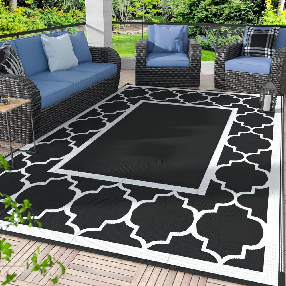 imageGENIMO 5 x 8 Outdoor Rug for Patio Waterproof Indoor Outdoor Plastic Straw Rugs Carpet Reversible Outside Area Mat for Camping Balcony Porch Deck Picnic Beach Navy Blue amp Jade GreenBlackwhite