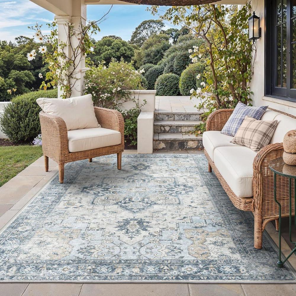 imageGENIMO Outdoor amp Indoor Area Rug 5x8 Waterproof NonShedding Easy Cleaning Boho Mat for Patio Living Room Balcony Dining Room RV Deck Bedroom Camping Outside CarpetBlueBlue