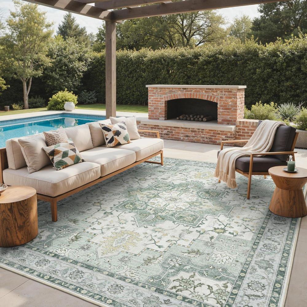 imageGENIMO Outdoor amp Indoor Area Rug 5x8 Waterproof NonShedding Easy Cleaning Boho Mat for Patio Living Room Balcony Dining Room RV Deck Bedroom Camping Outside CarpetBlueLight Green