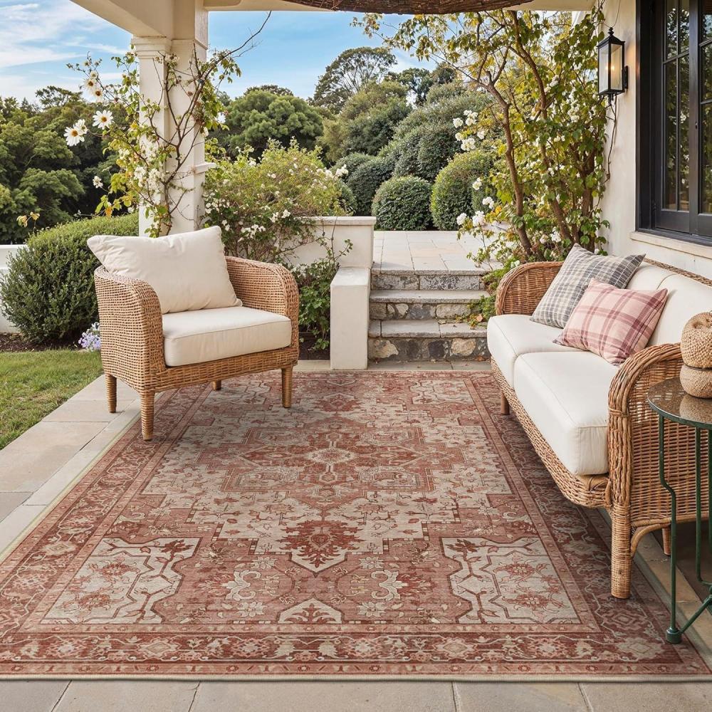 imageGENIMO Outdoor amp Indoor Area Rug 5x8 Waterproof NonShedding Easy Cleaning Boho Mat for Patio Living Room Balcony Dining Room RV Deck Bedroom Camping Outside CarpetBlueBrown Red