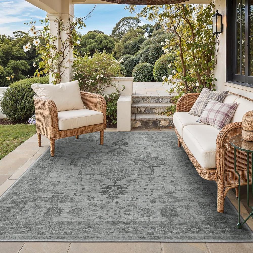imageGENIMO Outdoor amp Indoor Area Rug 5x8 Waterproof NonShedding Easy Cleaning Boho Mat for Patio Living Room Balcony Dining Room RV Deck Bedroom Camping Outside CarpetBlueDark Grey