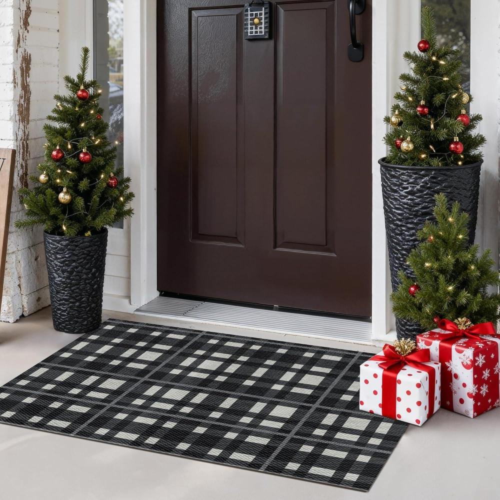 imageGENIMO Outdoor amp Indoor Area Rug 5x8 Waterproof NonShedding Easy Cleaning Boho Mat for Patio Living Room Balcony Dining Room RV Deck Bedroom Camping Outside CarpetBlueBlackplaid