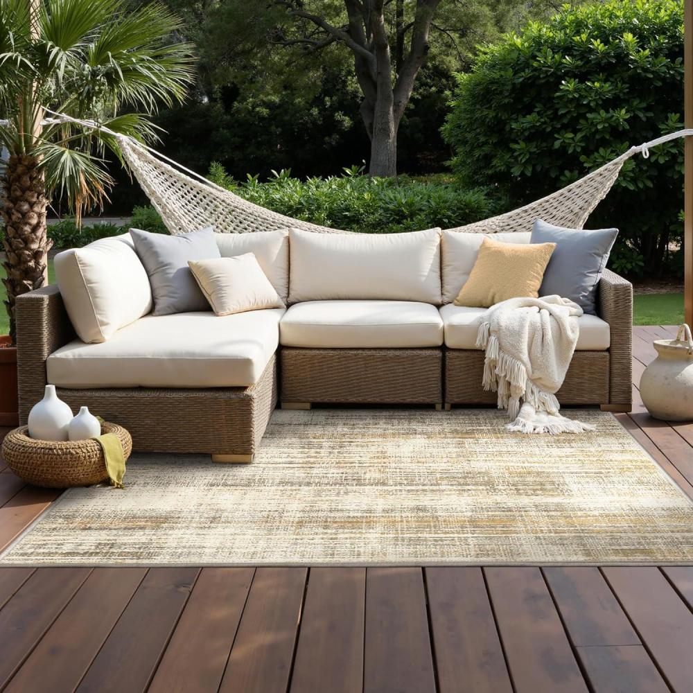 imageGENIMO Outdoor amp Indoor Area Rug 5x8 Waterproof NonShedding Easy Cleaning Boho Mat for Patio Living Room Balcony Dining Room RV Deck Bedroom Camping Outside CarpetBlueBrown Beige