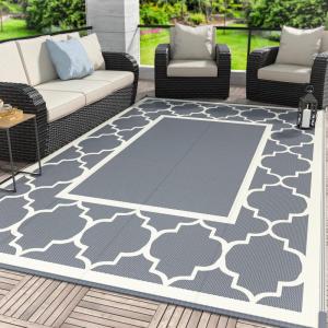 GENIMO 5 ‘ x 8 ‘ Outdoor Rug for Patio, Waterproof Indoor Outdoor Plastic Straw Rugs Carpet, Reversible Outside Area Mat for Camping, Balcony Porch, Deck, Picnic, Beach Navy Blue & Jade Green(Grey&beige White)