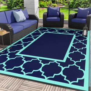 GENIMO 5 ‘ x 8 ‘ Outdoor Rug for Patio, Waterproof Indoor Outdoor Plastic Straw Rugs Carpet, Reversible Outside Area Mat for Camping, Balcony Porch, Deck, Picnic, Beach Navy Blue & Jade Green(Navy Blue&jade Green)