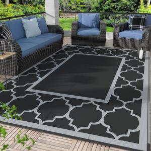 GENIMO 5 ‘ x 8 ‘ Outdoor Rug for Patio, Waterproof Indoor Outdoor Plastic Straw Rugs Carpet, Reversible Outside Area Mat for Camping, Balcony Porch, Deck, Picnic, Beach Navy Blue & Jade Green(Lantern/Black&gray)