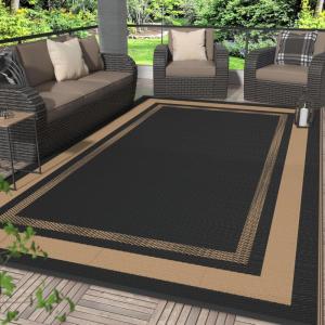 GENIMO 5 ‘ x 8 ‘ Outdoor Rug for Patio, Waterproof Indoor Outdoor Plastic Straw Rugs Carpet, Reversible Outside Area Mat for Camping, Balcony Porch, Deck, Picnic, Beach Navy Blue & Jade Green(Mblack & Brown)