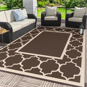 GENIMO 5 ‘ x 8 ‘ Outdoor Rug for Patio, Waterproof Indoor Outdoor Plastic Straw Rugs Carpet, Reversible Outside Area Mat for Camping, Balcony Porch, Deck, Picnic, Beach Navy Blue & Jade Green(Coffee&beige)