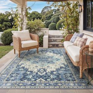 GENIMO Outdoor & Indoor Area Rug 5’x8′, Waterproof, Non-Shedding, Easy Cleaning, Boho Mat for Patio, Living Room, Balcony, Dining Room, RV, Deck, Bedroom, Camping, Outside Carpet,Blue(Center Blue)
