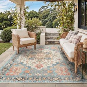 GENIMO Outdoor & Indoor Area Rug 5’x8′, Waterproof, Non-Shedding, Easy Cleaning, Boho Mat for Patio, Living Room, Balcony, Dining Room, RV, Deck, Bedroom, Camping, Outside Carpet,Blue(Blue Salmon)