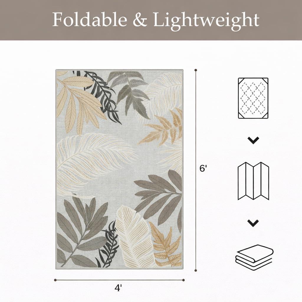 imageGENIMO Outdoor amp Indoor Area Rug 5x8 Waterproof NonShedding Easy Cleaning Leaf Mat for Patio Living Room Balcony Dining Room RV Deck Bedroom Camping Outside Carpet Tropical RustSand Grey