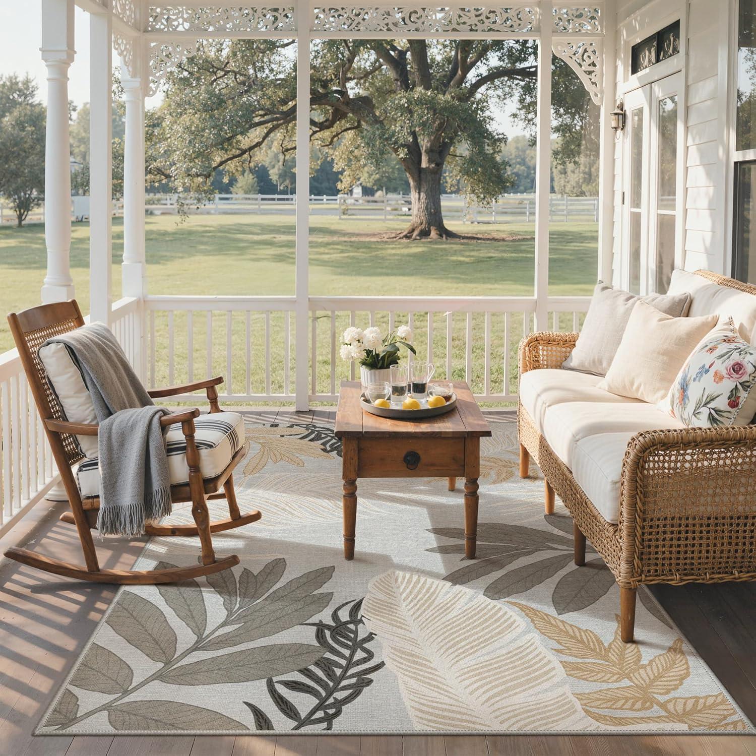 imageGENIMO Outdoor amp Indoor Area Rug 5x8 Waterproof NonShedding Easy Cleaning Leaf Mat for Patio Living Room Balcony Dining Room RV Deck Bedroom Camping Outside Carpet Tropical RustSand Grey