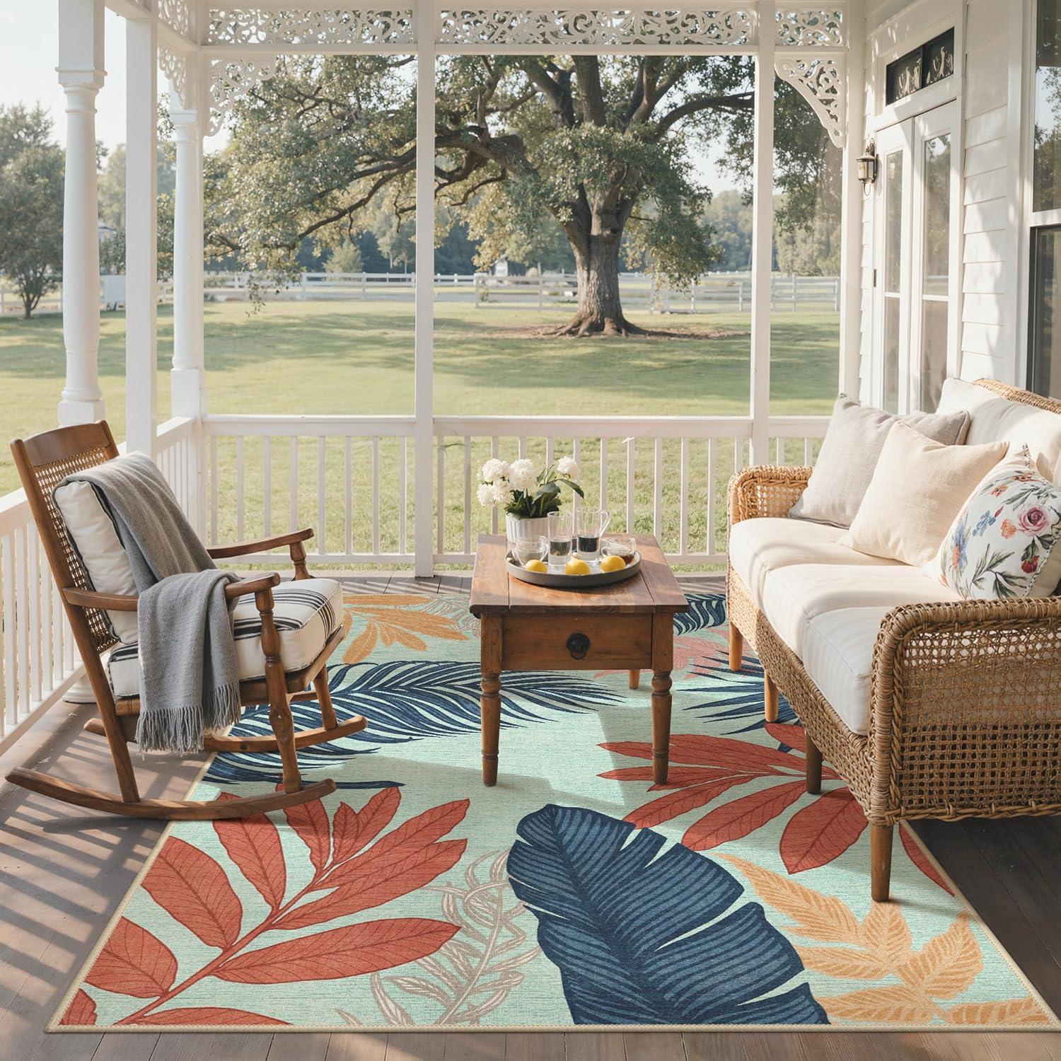 imageGENIMO Outdoor amp Indoor Area Rug 5x8 Waterproof NonShedding Easy Cleaning Leaf Mat for Patio Living Room Balcony Dining Room RV Deck Bedroom Camping Outside Carpet Tropical RustBlue Paint