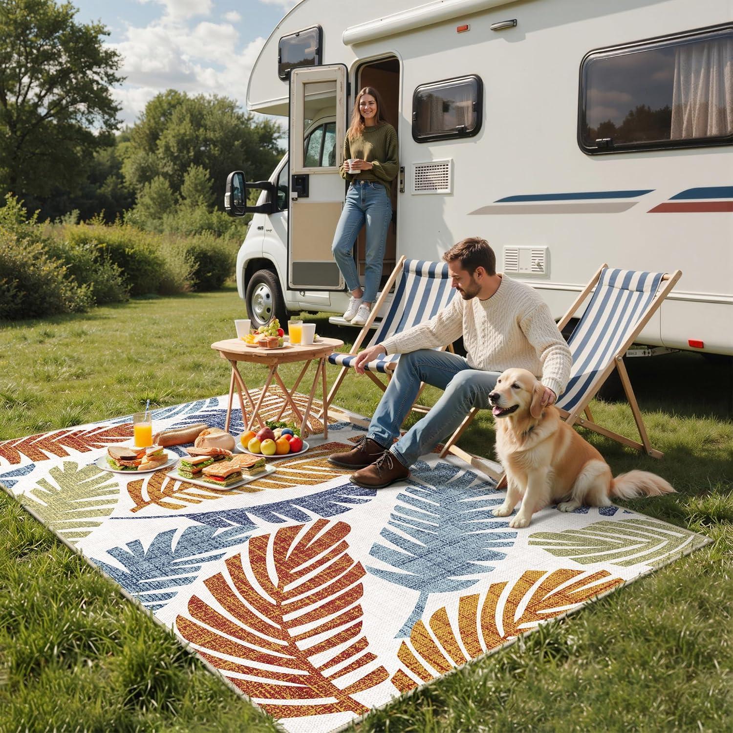 imageGENIMO Outdoor amp Indoor Area Rug 5x8 Waterproof NonShedding Easy Cleaning Leaf Mat for Patio Living Room Balcony Dining Room RV Deck Bedroom Camping Outside Carpet Tropical RustLeaf Rust Navy
