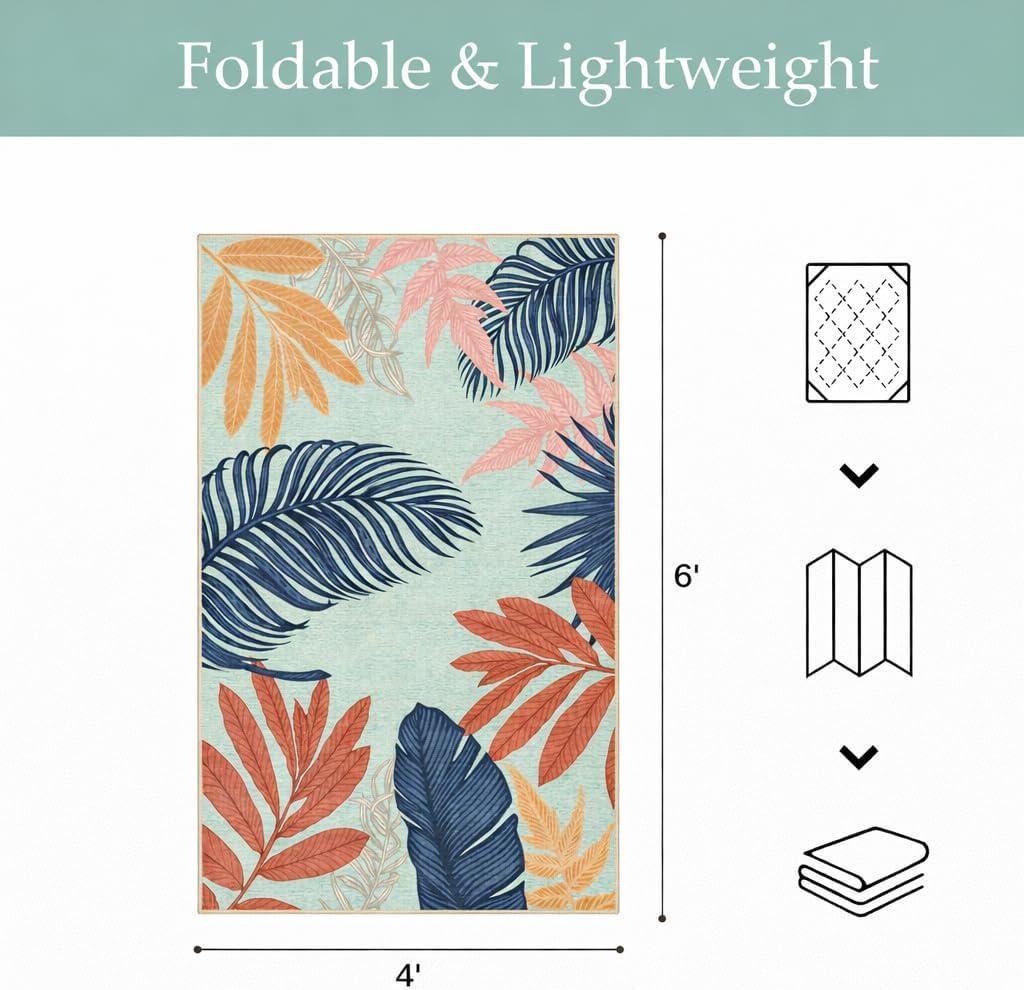 imageGENIMO Outdoor amp Indoor Area Rug 5x8 Waterproof NonShedding Easy Cleaning Leaf Mat for Patio Living Room Balcony Dining Room RV Deck Bedroom Camping Outside Carpet Tropical RustBlue Paint