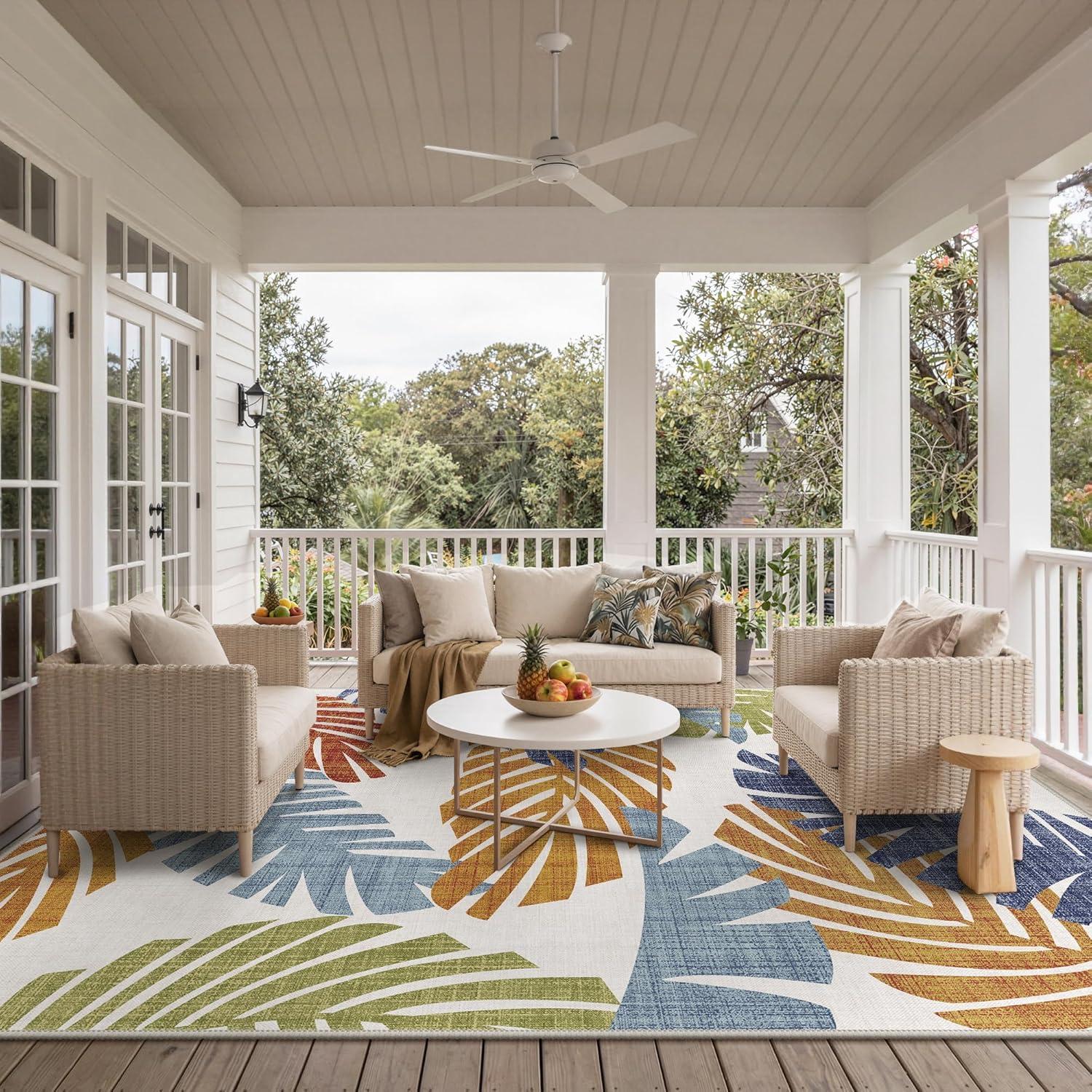 imageGENIMO Outdoor amp Indoor Area Rug 5x8 Waterproof NonShedding Easy Cleaning Leaf Mat for Patio Living Room Balcony Dining Room RV Deck Bedroom Camping Outside Carpet Tropical RustLeaf Tropical Rust