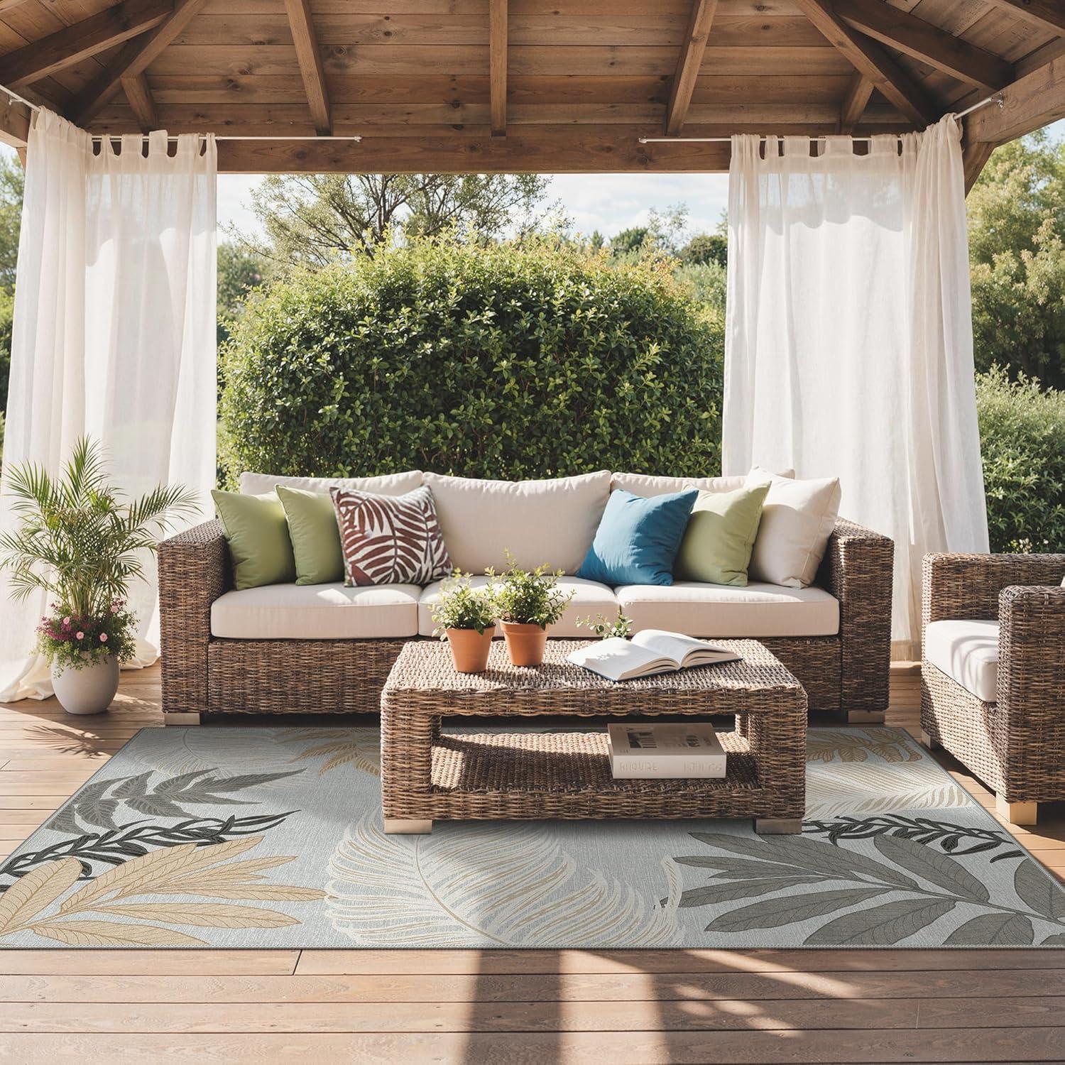 imageGENIMO Outdoor amp Indoor Area Rug 5x8 Waterproof NonShedding Easy Cleaning Leaf Mat for Patio Living Room Balcony Dining Room RV Deck Bedroom Camping Outside Carpet Tropical RustSand Grey