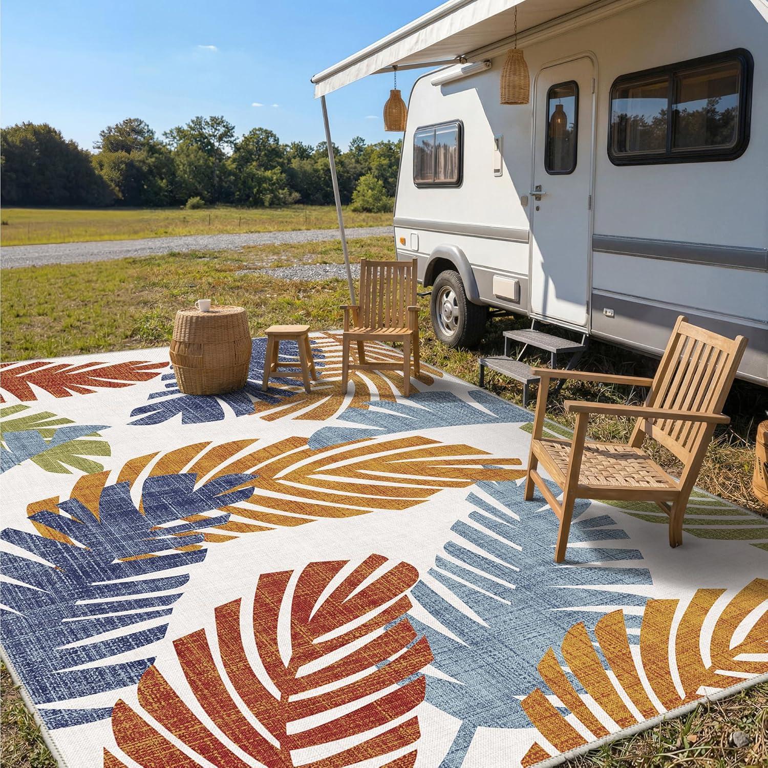 imageGENIMO Outdoor amp Indoor Area Rug 5x8 Waterproof NonShedding Easy Cleaning Leaf Mat for Patio Living Room Balcony Dining Room RV Deck Bedroom Camping Outside Carpet Tropical RustLeaf Tropical Rust
