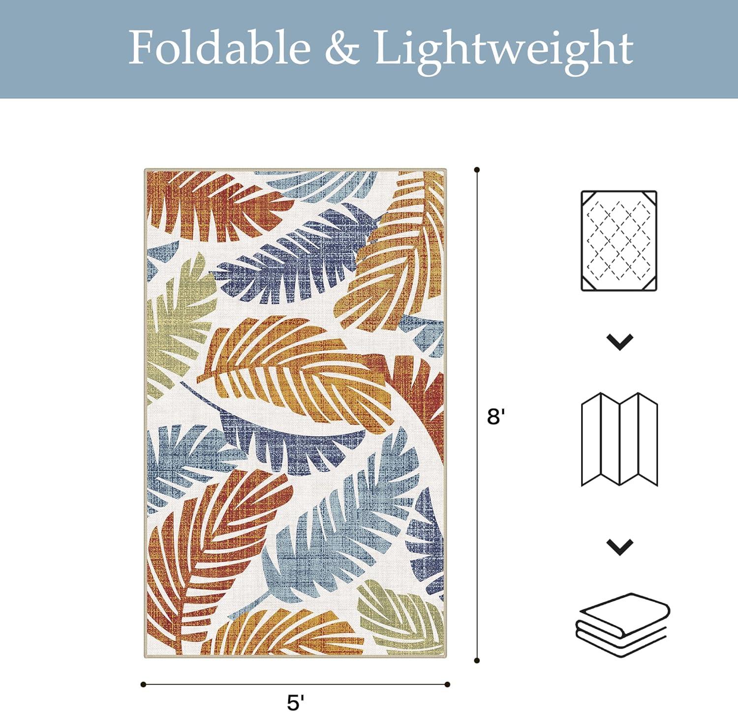 imageGENIMO Outdoor amp Indoor Area Rug 5x8 Waterproof NonShedding Easy Cleaning Leaf Mat for Patio Living Room Balcony Dining Room RV Deck Bedroom Camping Outside Carpet Tropical RustLeaf Rust Navy