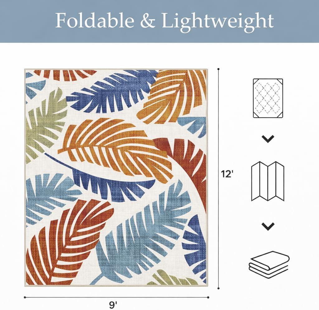 imageGENIMO Outdoor amp Indoor Area Rug 5x8 Waterproof NonShedding Easy Cleaning Leaf Mat for Patio Living Room Balcony Dining Room RV Deck Bedroom Camping Outside Carpet Tropical RustLeaf Rust Navy
