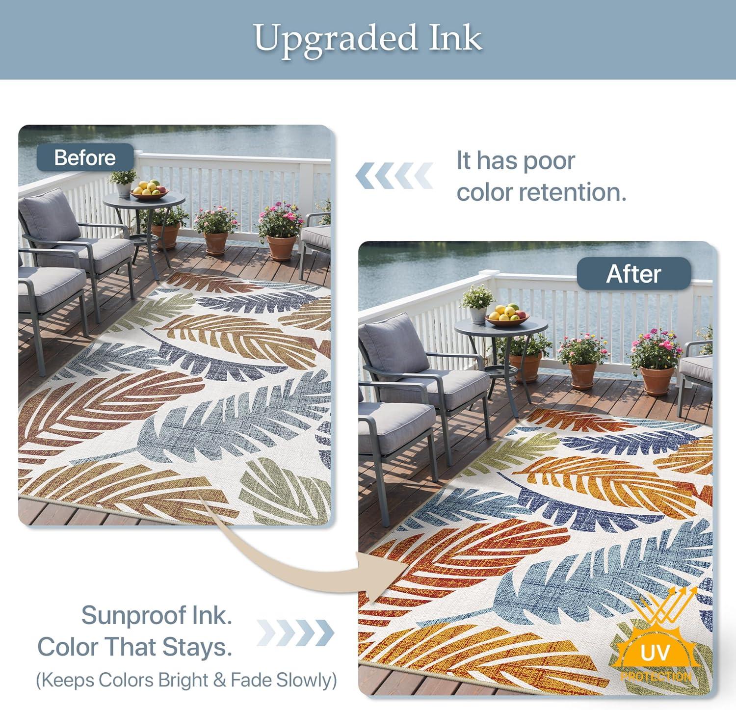 imageGENIMO Outdoor amp Indoor Area Rug 5x8 Waterproof NonShedding Easy Cleaning Leaf Mat for Patio Living Room Balcony Dining Room RV Deck Bedroom Camping Outside Carpet Tropical RustLeaf Rust Navy