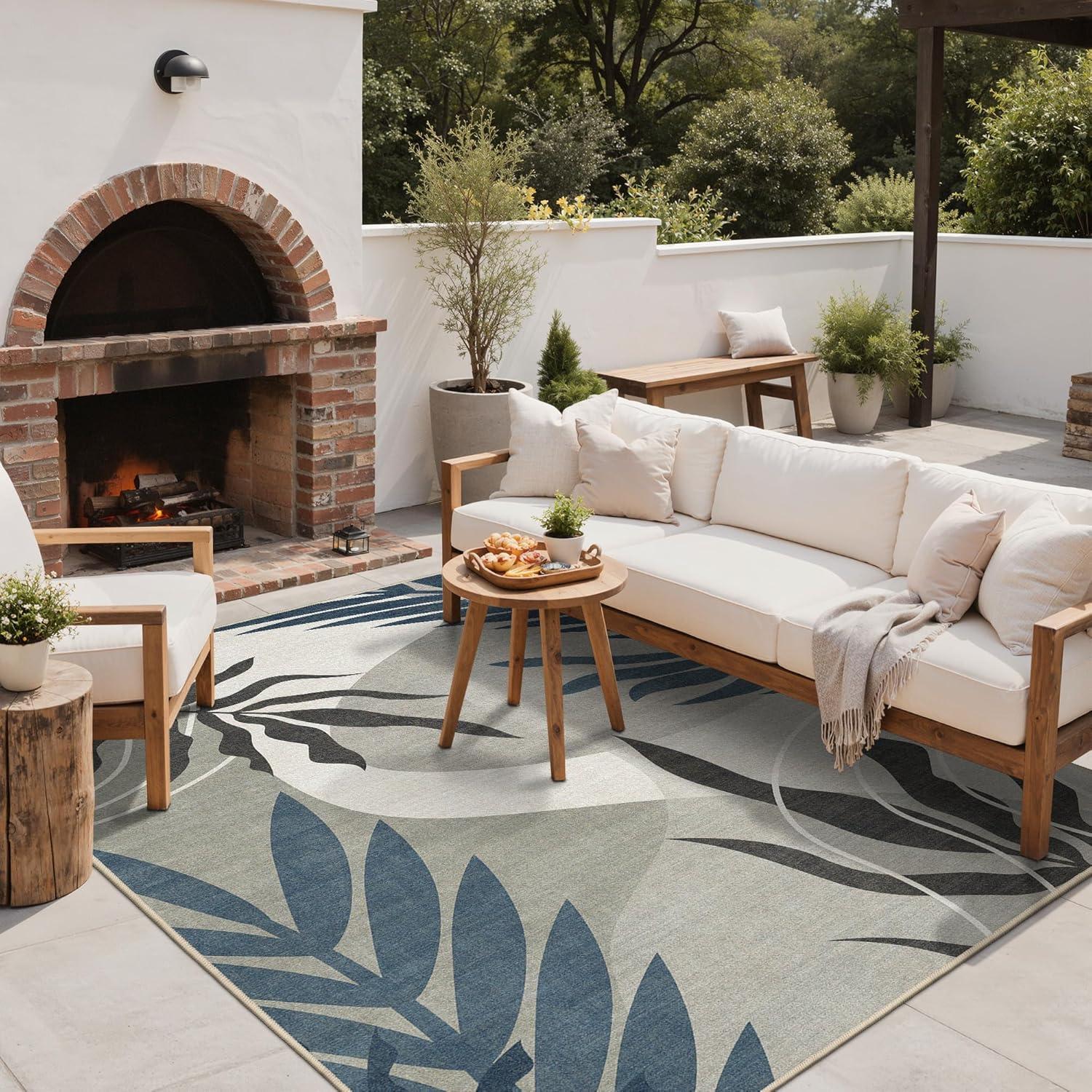 imageGENIMO Outdoor amp Indoor Area Rug 5x8 Waterproof NonShedding Easy Cleaning Leaf Mat for Patio Living Room Balcony Dining Room RV Deck Bedroom Camping Outside Carpet Tropical RustBlue Grey