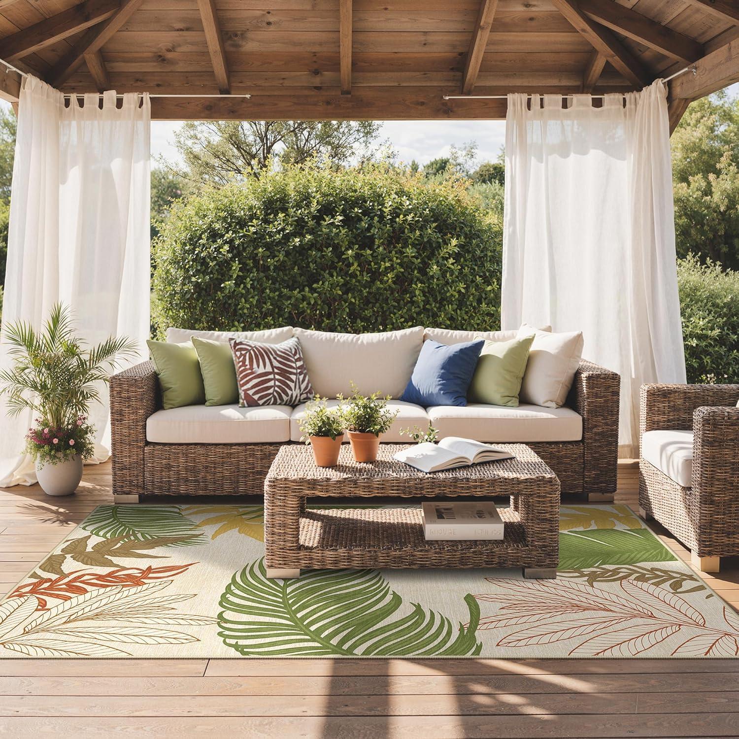 imageGENIMO Outdoor amp Indoor Area Rug 5x8 Waterproof NonShedding Easy Cleaning Leaf Mat for Patio Living Room Balcony Dining Room RV Deck Bedroom Camping Outside Carpet Tropical RustOlive Mustard