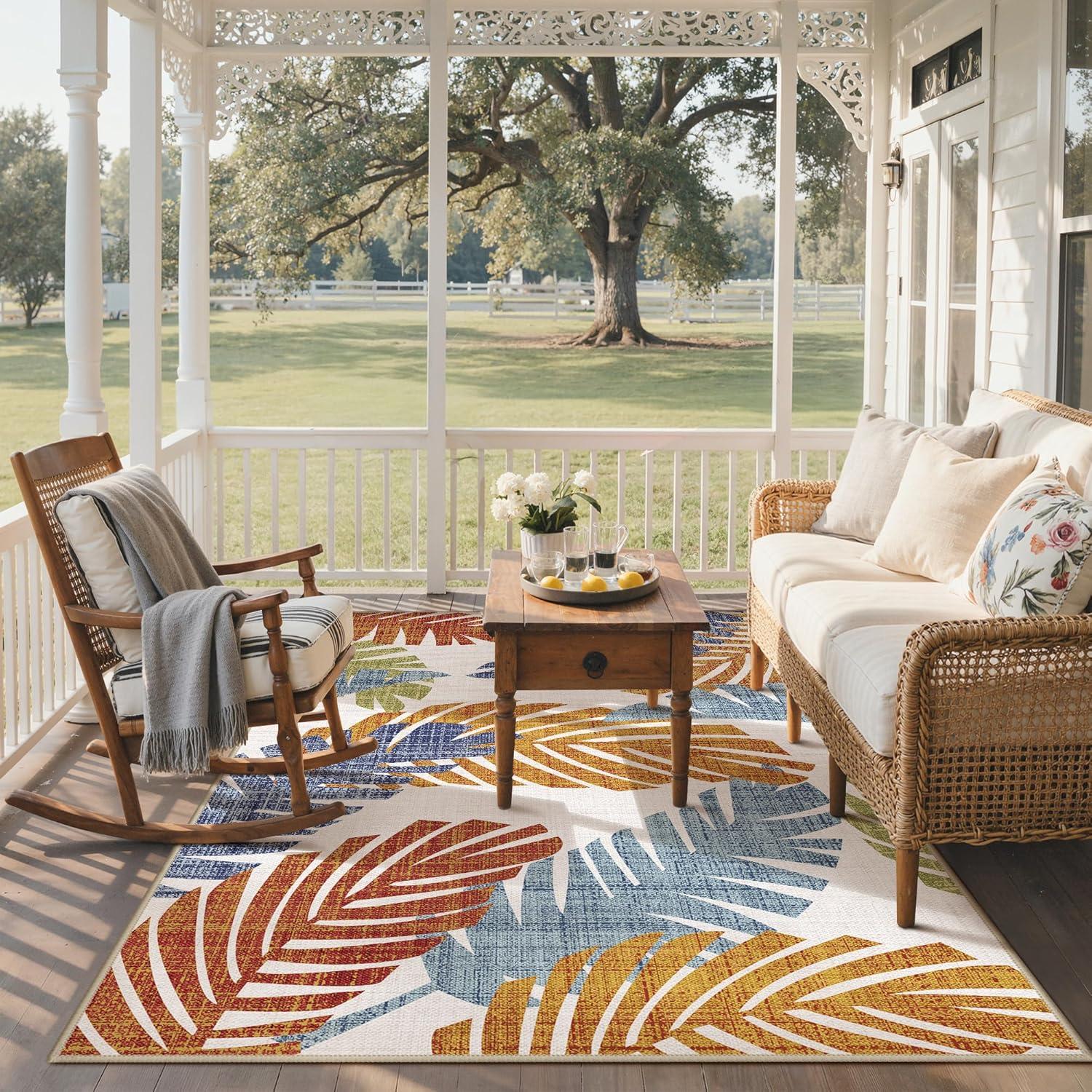 imageGENIMO Outdoor amp Indoor Area Rug 5x8 Waterproof NonShedding Easy Cleaning Leaf Mat for Patio Living Room Balcony Dining Room RV Deck Bedroom Camping Outside Carpet Tropical RustLeaf Tropical Rust