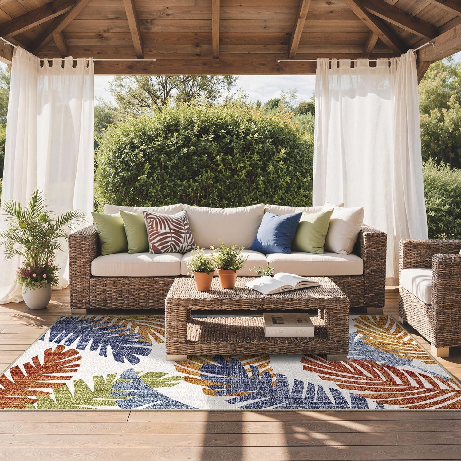 imageGENIMO Outdoor amp Indoor Area Rug 5x8 Waterproof NonShedding Easy Cleaning Leaf Mat for Patio Living Room Balcony Dining Room RV Deck Bedroom Camping Outside Carpet Tropical RustLeaf Tropical Rust